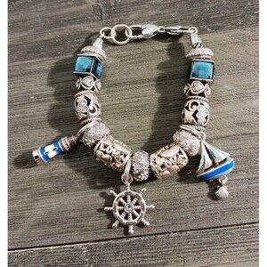 Brighton Silver Plated 16 Charm Bracelet Sailboat Lighthouse Ship Wheel Love
